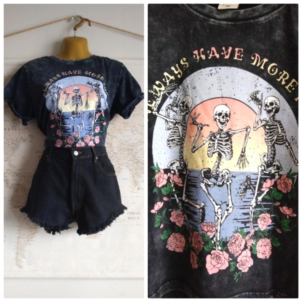 Acid Wash "Always Have More Fun" Floral Skeleton T-Shirt-Size M